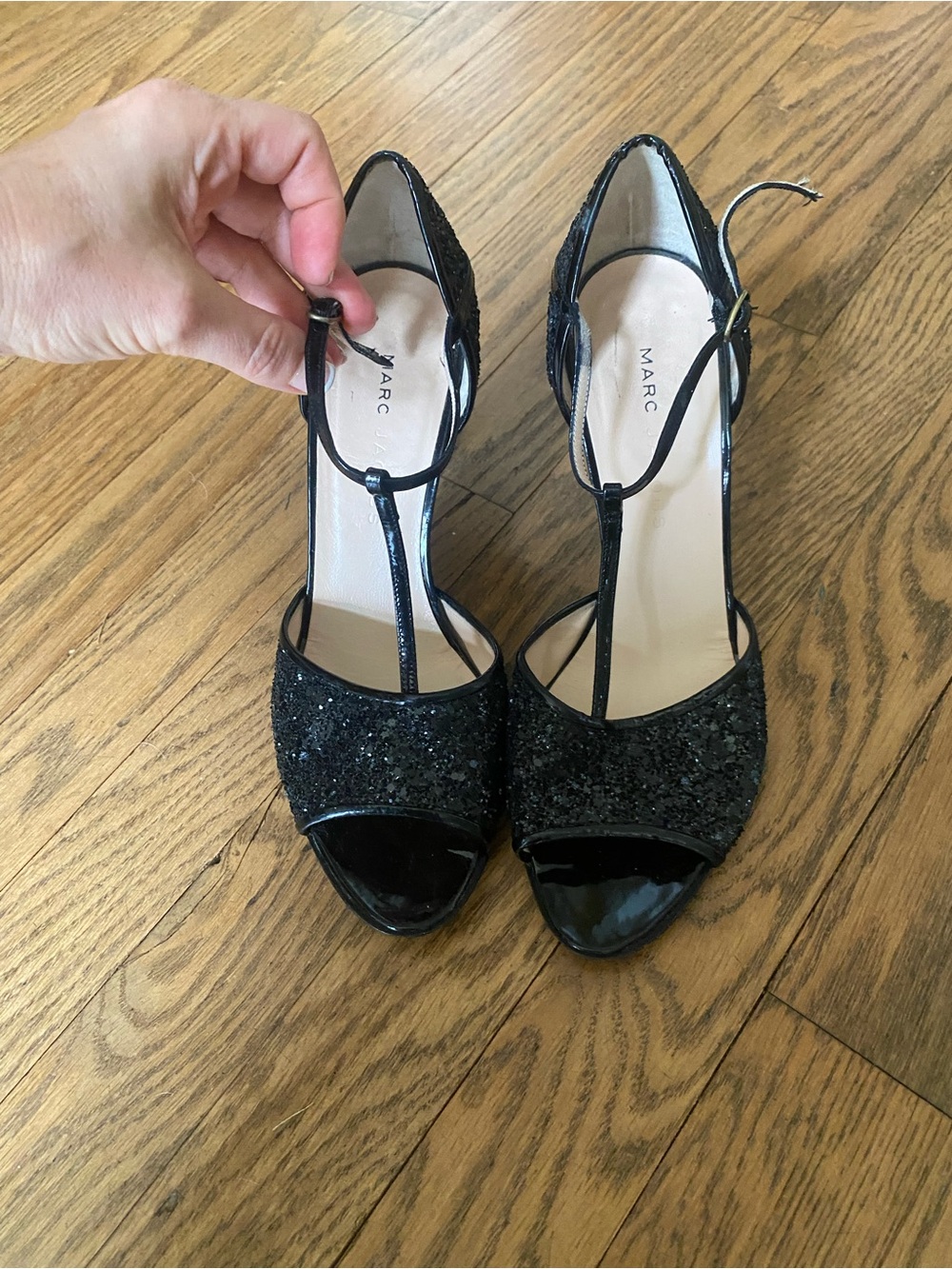 Marc Jacob’s Black Glitter T-Strap Women’s Dress Heels